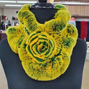 Rex Rabbit Fur Ruffle Scarf with Rose